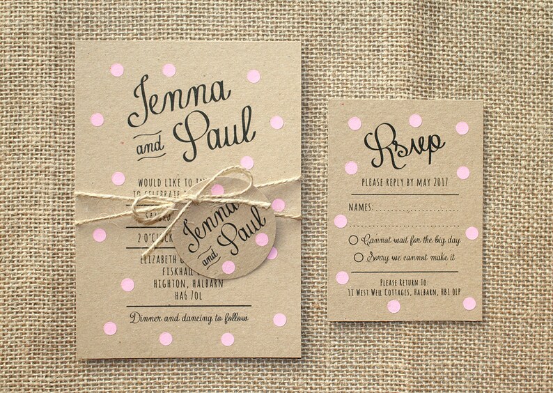 Pastel Pink Polka Dot Wedding Invite Set Rustic Kraft image 2