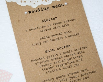 Rustic Doily and Pearl Wedding Menu - Recycled kraft finished with doily and pearl detialing