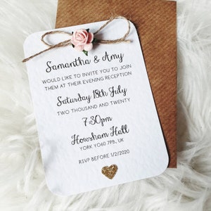 Rustic Rose and Gold Heart Small Evening Invitation Twine Bow Detailing image 1