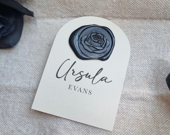 Til Death Do Us Part- Arch Shaped Place Card with Black Rose Wax Seal Detailing, Gothic, Alternative, Minimal, Stylish