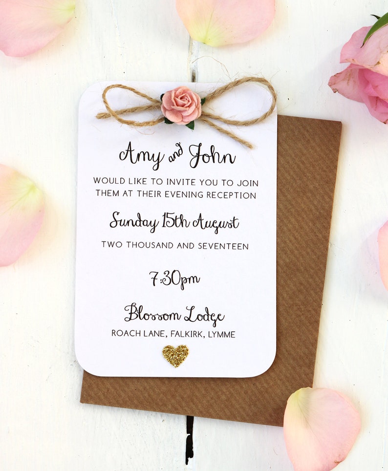 Rustic Rose and Gold Heart Small Evening Invitation Twine Bow Detailing image 3