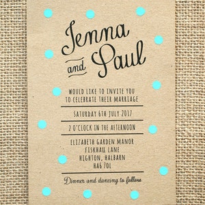 Pastel Turquoise, Mint, Polka Dot Wedding Invite Set Rustic Kraft image 4