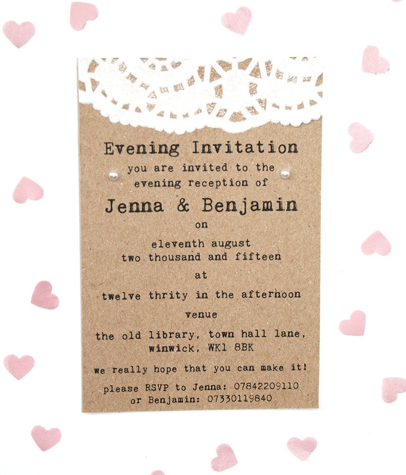 Rustic Doily and Pearl Wedding Small Evening Invitation image 1