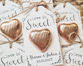 Love is Sweet - Chocolate Heart Wedding Favour, Sweet Love, Personalised, Elegant, Rustic, with Twine Bow Detailing