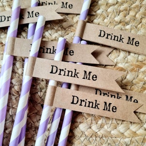 16 Paper Drink Straws with Kraft &#39;Drink Me&#39; Flags - Wedding, Engagement, Birthday Party, Hen Party, Christening