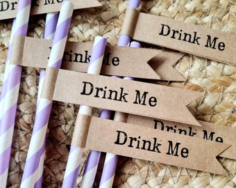 16 Paper Drink Straws with Kraft &#39;Drink Me&#39; Flags - Wedding, Engagement, Birthday Party, Hen Party, Christening