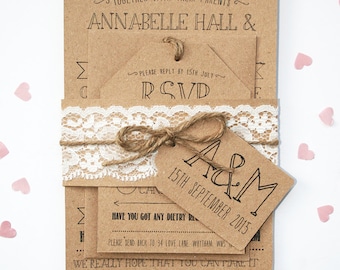 Kraft rústico, encaje, conjunto de invitación - con detalles de etiqueta y cordel