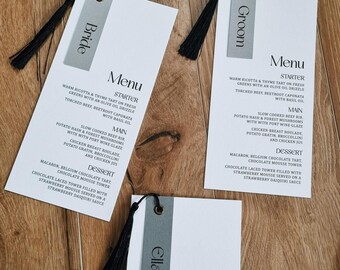 Wedding Menu Card - Modern, Minimalist, Neutral, Monochrome Tassel Wedding Menu, Wedding Place Setting, Table Decor