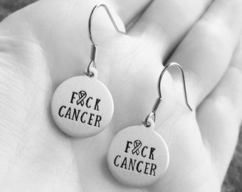 F*CK CANCER - Fuck Cancer Hand Stamped Earrings - Cancer Support Jewelry - Stamping Cancer Out - Cancer Awareness