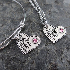 Fuck Breast Cancer: Hand-stamped Pewter Heart with Swarovski Crystal Bracelet, Necklace, or Charm