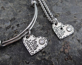 Fuck Lung Cancer: Hand-stamped Pewter Heart with Swarovski Crystal Bracelet, Necklace, or Charm