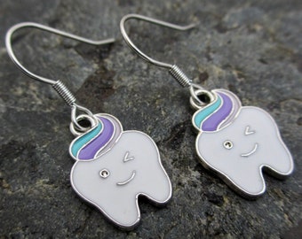 Tooth Earrings - Enamel Dangle Earrings, Dental Gift
