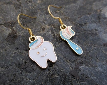 Tooth & Toothbrush Dangle Earrings - Dental Hygienist Gift, Dentist Jewelry