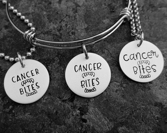 Cancer Bites - Hand Stamped Cancer Bracelet, Necklace, or Charm - Cancer Support Jewelry - Stamping Cancer Out - Cancer Awareness