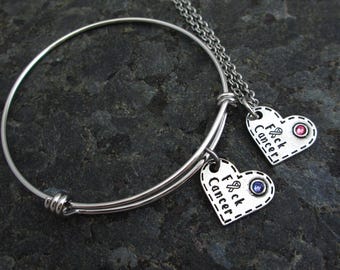 Fuck Cancer: Hand-stamped Pewter Heart with Swarovski Crystal Bracelet, Necklace, or Charm
