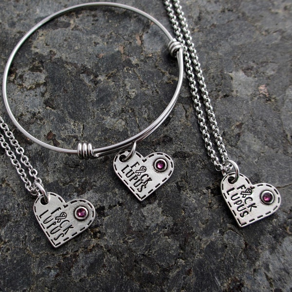 F*ck Lupus - Hand Stamped Lupus Bracelet, Necklace, or Charm - Pewter Heart with Swarovski crystal - Lupus Support - Lupus Awareness