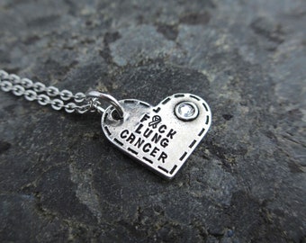 F*ck Lung Cancer - Hand Stamped Bracelet, Necklace, or Charm - Pewter Heart with Swarovski crystal - Lung Cancer support - Cancer Awareness