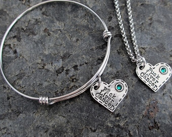 Fuck Liver Cancer: Hand-stamped Pewter Heart with Swarovski Crystal Bracelet, Necklace, or Charm
