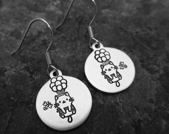 Flying Ballon Cat Hand-stamped Earrings