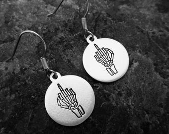 Skeleton Hand Flipping the Bird Hand-stamped Earrings