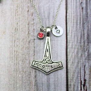 Thors Hammer Mjolnir Necklace  W/ Birthstone Hand Stamped Initial Norse Jewelry Nordic Lovers Gift