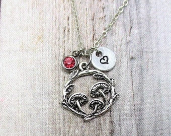 Mushrooms Necklace W/ Birthstone Initial Personalized Gifts  For Her Cottagecore Necklace Mushrooms Jewelry