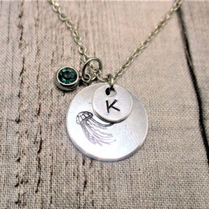 Jellyfish Necklace W/ Birthstone Hand Stamped Initial Nautical Necklace Birthstone Necklace Ocean Lovers Mermaidcore