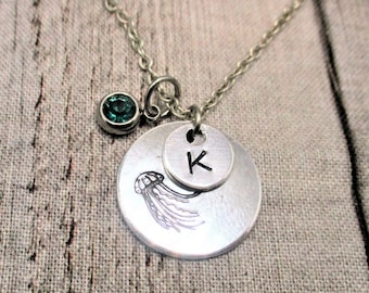 Jellyfish Necklace W/ Birthstone Hand Stamped Initial Nautical Necklace Birthstone Necklace Ocean Lovers Mermaidcore