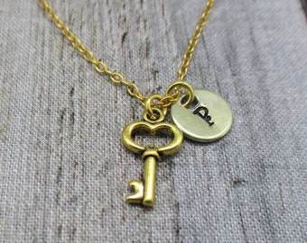 Gold Key Necklace Personalized Letter Initial Key Gift for Her Skeleton Key  Jewelry