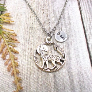 Personalized Howling Wolf Necklace Letter Initial WIld Animal Gifts For Her Wolf Jewelry