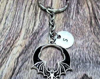 Black Bat Keychain Bat  Personalized Gifts For Him / Her Inital Key Ring Animal Keychain