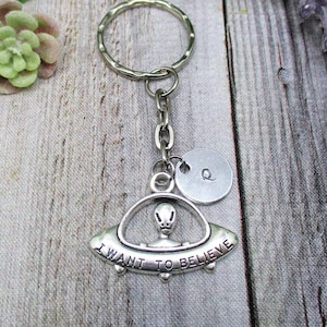 UFO Keychain Personalized  Alien Keychain Gift Custom  Gifts For Her / Him Flying Saucer I Want To Believe