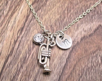 Trumpet Necklace Birthstone Necklace Initial Trumpet Jewelry Personalized Gifts For Her Music Necklace Musician Gift