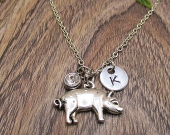 Collier de cochon Cadeaux personnalisés Lettre personnalisée Collier d’animal initial Cadeau pour elle / lui Bijoux en pierre de naissance Bijoux de cochon