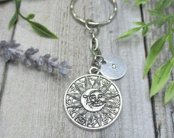 Zodiac Wheel Sun and Moon Keychain Personalized Handstamped Initial Keychain Celestial Keychain  Gifts For Her