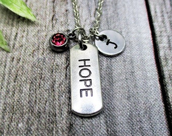 Hope Necklace W/ Birthstone Hand Stamped Initial Insprtation Jewelry Gifts For Her Empowering Word Necklace Hope Jewelry Hope Charm Necklace