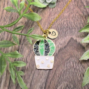 Collar de cactus de oro Personalizado Estampado a mano Carta inicial De cactus en maceta Joyería de plantas Kawaii Regalos para ella