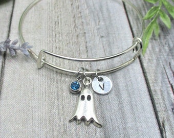 Ghost Charm Bracelet W/ Birthstone  Initial Bangle Bracelet Ghost Jewelry Gift for Her Birthday Halloween Bracelet Halloween Jewelry