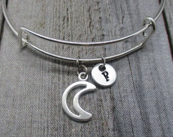 Crescent Moon Charm Bracelet Hand Stamped Initial Bangle Bracelet  Adjustable Moon Jewelry Lunar Celestial Gift