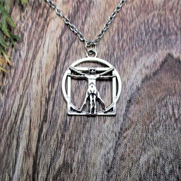 Vitruvian Man Necklace, Universal Man Charm Necklace, Da Vinci Necklace, Vitruvian Jewelry Art Lovers Gifts For Her Science Gift