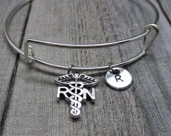 Silver RN  Bracelet Bangle Bracelet Caduceus Bracelet Hand Stamped Initial Bangle Bracelet Nurse Jewelry Gifts for Her Nurses Gift Birthday