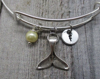 Tail Charm Bracelet Hand Stamped Initial Whale Tail Bangle Bracelet  Adjustable Bangle W/ Glass Pearl Nauticla Gifts For Her Mermaid Core