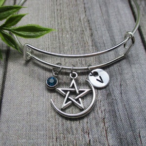 Moon and Star Bracelet W/ Birthstone Personalized Initial Pentacle Bangle Bracelet Witch Jewelry Gift for Her Birthday  Pentagram Jewlery