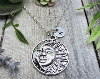 Celestial Necklace Personalized Sun and Moon Necklace Hand Stamped Letter Initial Necklace Gifts For Her  Celestial  Jewelry
