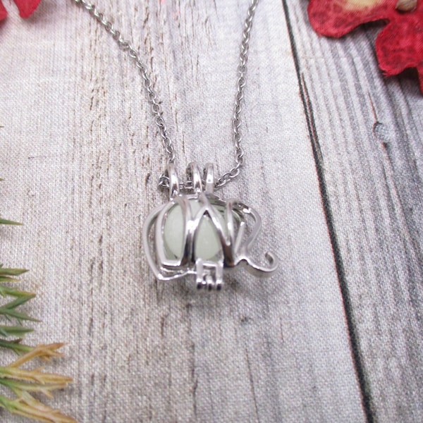 Elephant Necklace Stone Locket  Gifts For Her / Him Elephant Lovers Gifts Holds 11mm Bead or Stone Glow In the Dark