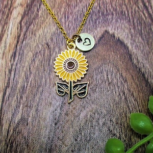 Collar de girasol, regalos personalizados, letra inicial, joyería de girasol, regalos para amantes de las flores para ella, collar de flores, joyería de plantas