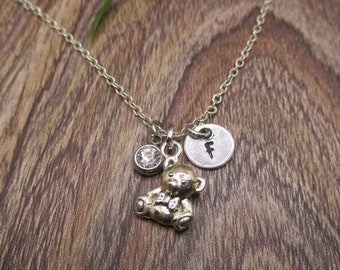 Teddy Bear Necklace Birthstone Initial Necklace Personalized Gifts For Her  Teddy Bear Jewelry