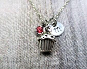 Cupcake Necklace Cupcake Charm Necklace Customized Letter Initial Cupcake Jewelry  Birthstone Bakers Gifts For Her
