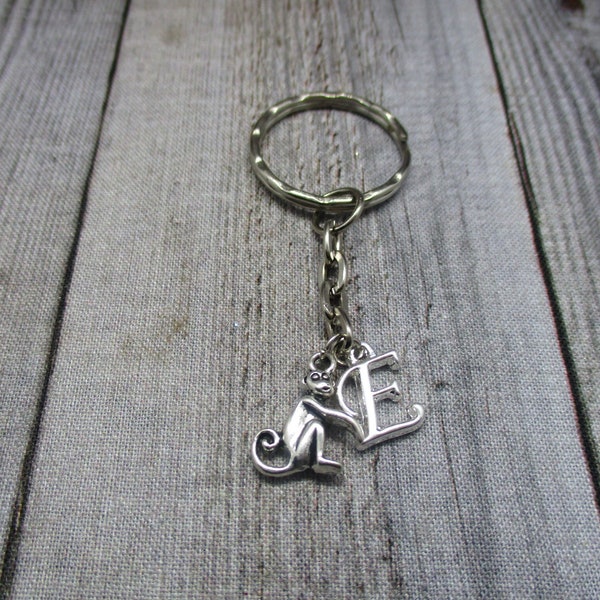 Silver Monkey Keychain Personalized Keychain Initial Customized Animal Gifts Under 10