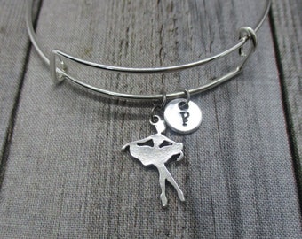 Hand Stamped Initial Ballerina Bangle Bracelet  Adjustable Dance Jewelry Gifts For Her